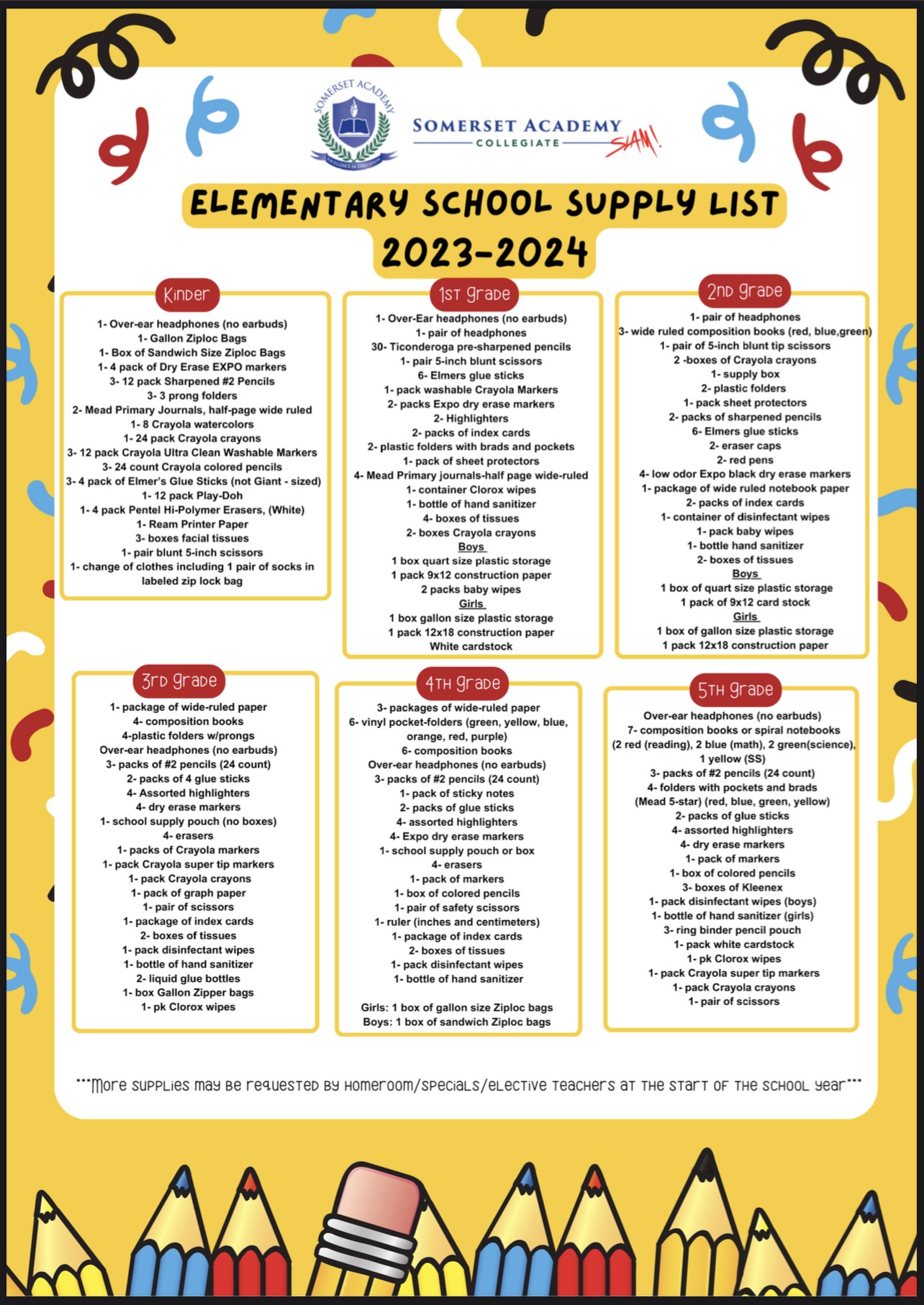 School Supply Lists / 2023-2024 Martinez Classroom Supply Lists